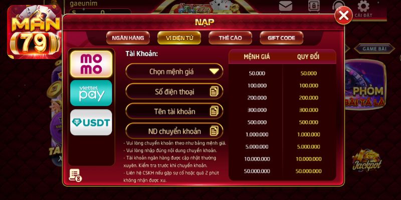 Lựa chọn mệnh giá phù hợp khi nạp tiền tại Man79 Club
